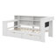 Lit plateforme contemporain avec tablettes de rangement intégrées, tiroirs, station de charge, DEL, bureau et tête de lit tapissier-129108538