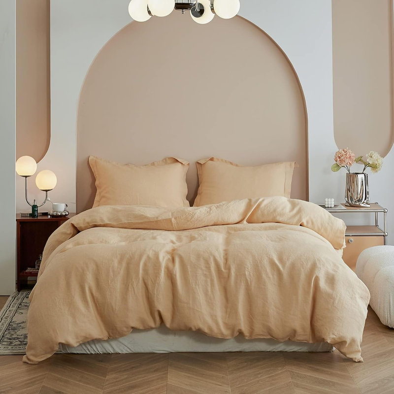 Ensemble de housse de couette 100% lin, Housse de couette double + 2 taies d'oreiller, Rosé
