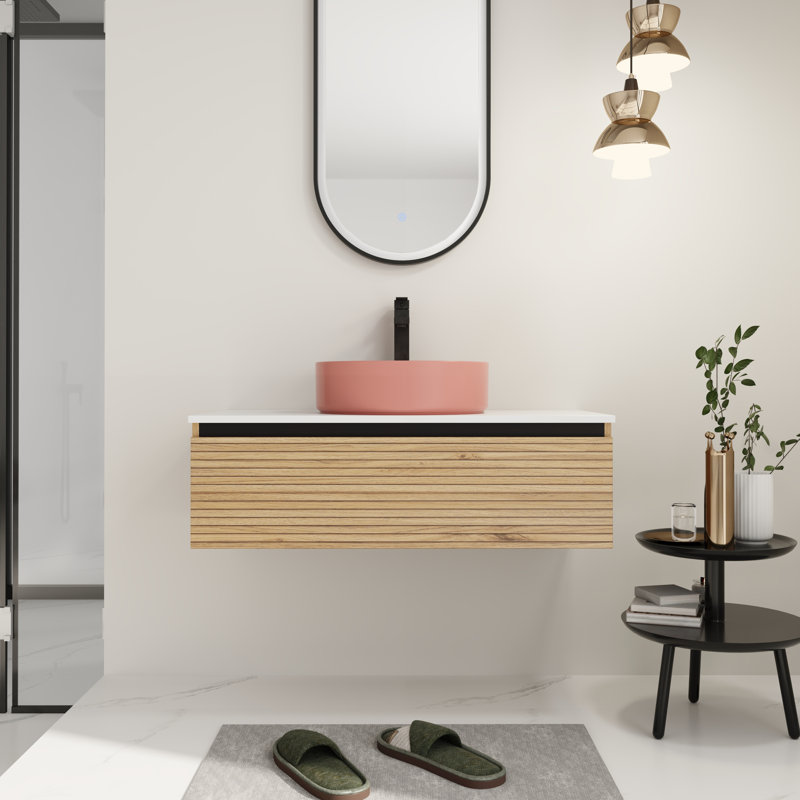 36" Ceramic Sink Bathroom Vanity - Wall Mounted, Soft-Close Drawer, Pink, 36"