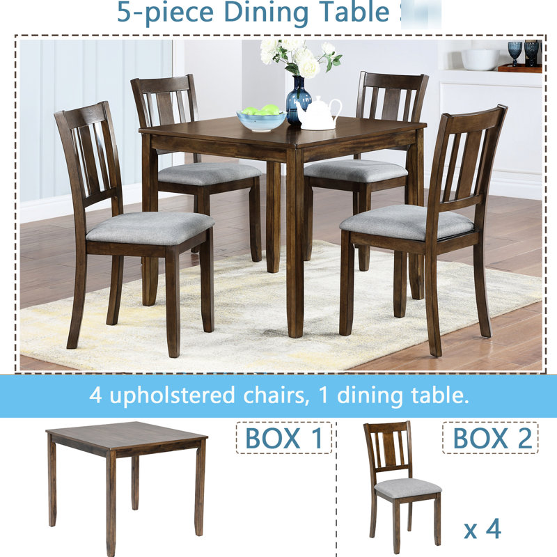 5 pièces, table carrée, noyer, chaises rembourrées, profondeur d'assise, support lombaire ergonomique en bois d'hévéa,