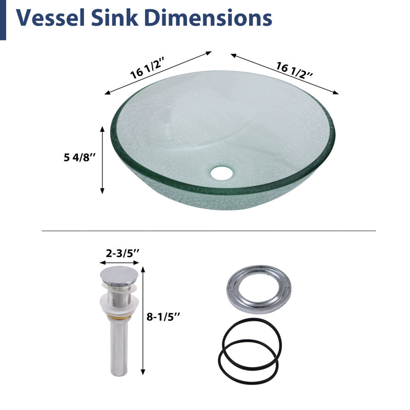 Lavabo de salle de bain en verre trempé circulaire 16,5 "x 16,5" avec bonde escamotable, L 16" x l 16", Clear
