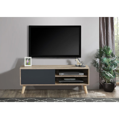 Meuble télé contemporain 47 po en imitation bois, pour téléviseurs jusqu'à 50-55 po, 2 étagères et un meuble de rangement, naturel/gris, 11,81 po L x 17,72 po l x 35,27 po H, bois d'ingénierie, meuble télé monobloc, rangements gris