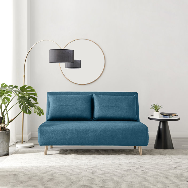 Berlyn 2 Seater Futon Sofa Bed - Luxury Simple Modern Folding Design, Blue Cotton Blend, Full/Double