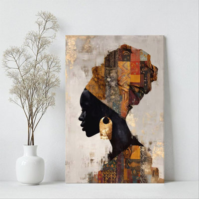 1Pc Framed Canvas Poster Print African Women Silhouettes, Colorful Patchwork Headscarves, Contemporary Mixed Media Art Style Wall Art, Wall Decor, Per