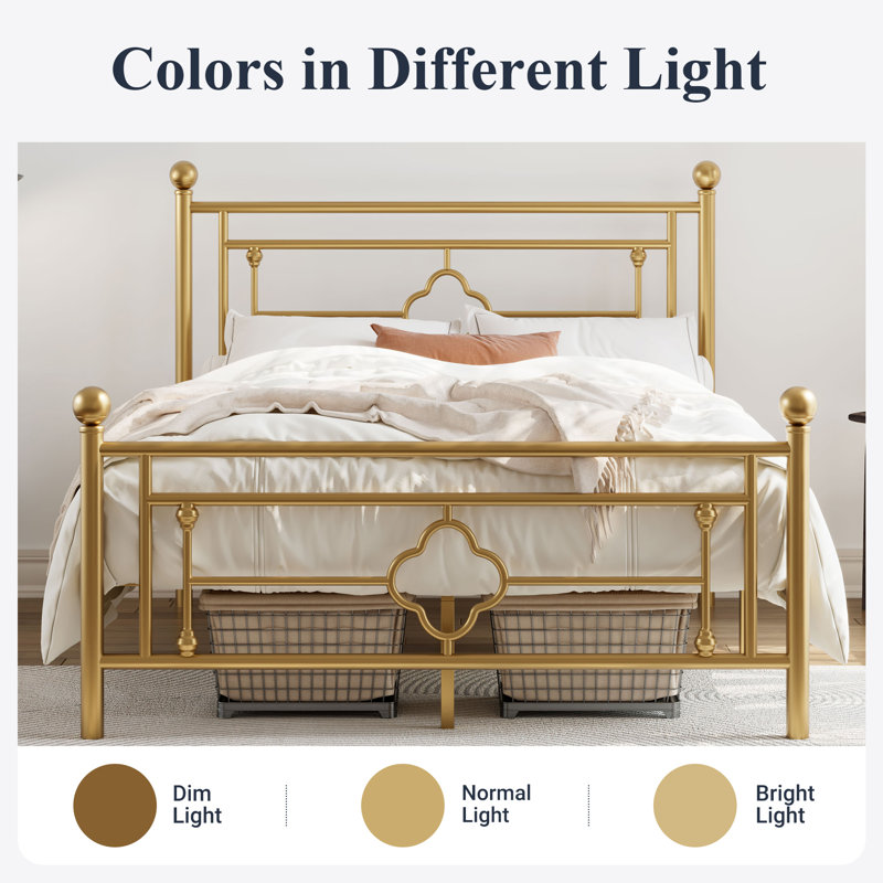 Twin Gold Metal Frame Bed with Headboard and Storage