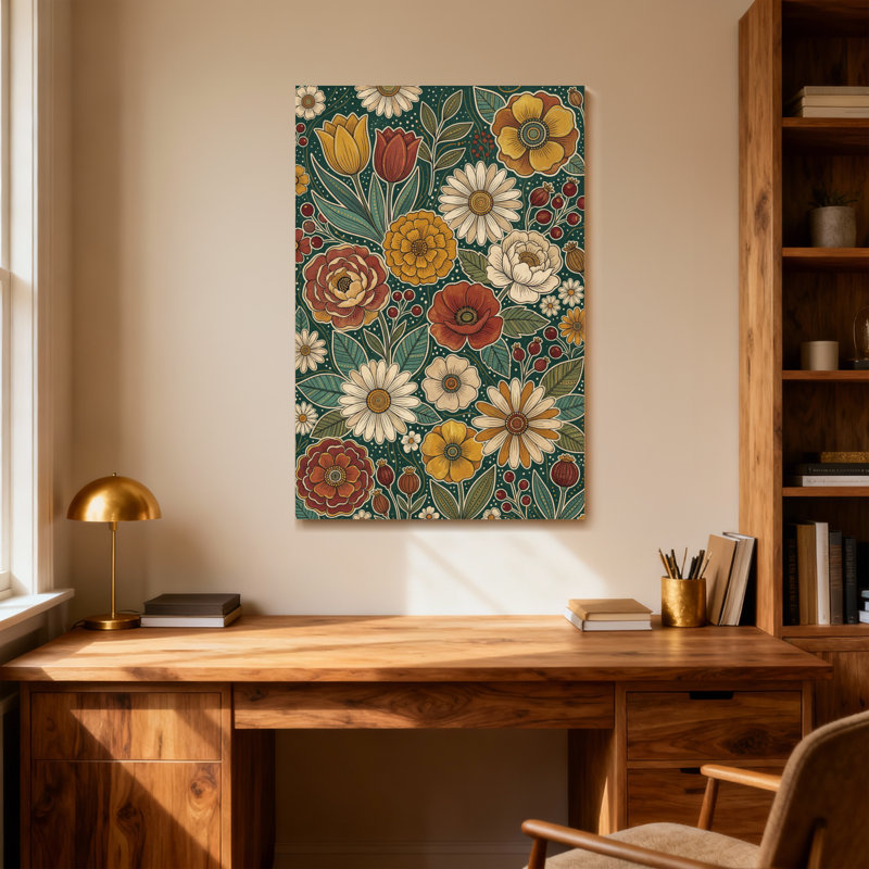 Motif floral de plantes et de fleurs aux couleurs vives et aux feuilles, H 18 po x l 12 po