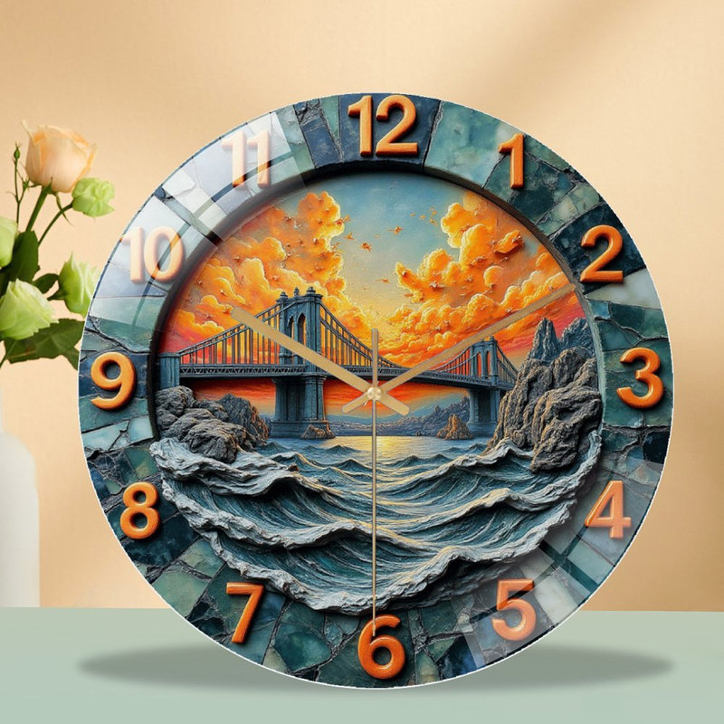 Horloge murale paysage avec pont et coucher de soleil - Horloge murale moderne en verre 12 po