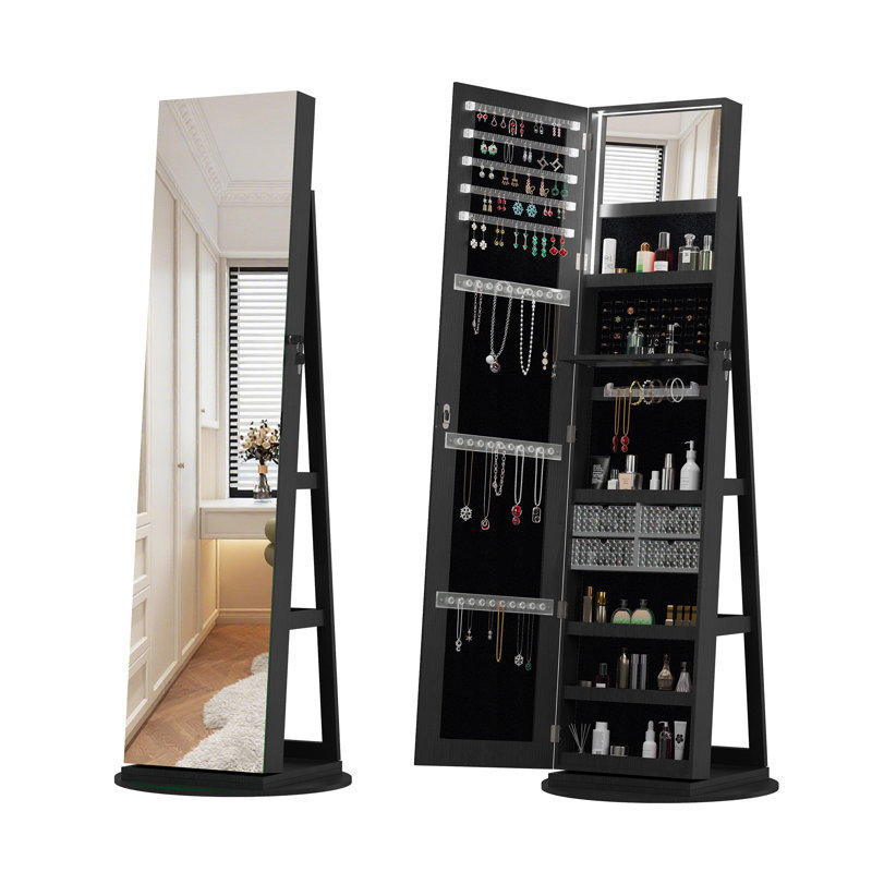 Armoire à bijoux pivotante à 360 degrés avec miroir pleine grandeur et armoire de rangement en noir