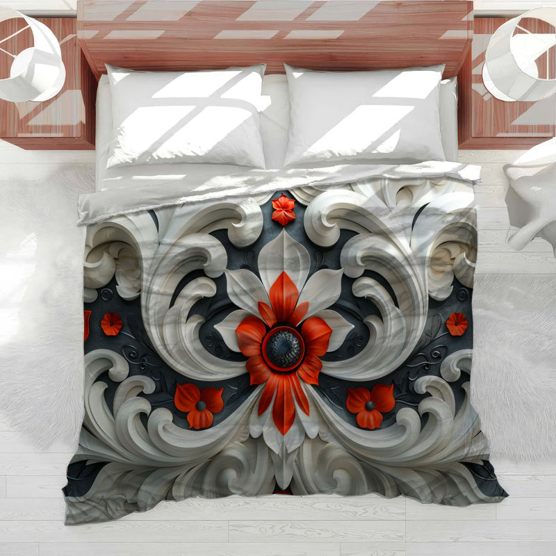 Floral Carving Microfiber Duvet Cover, King Duvet Cover