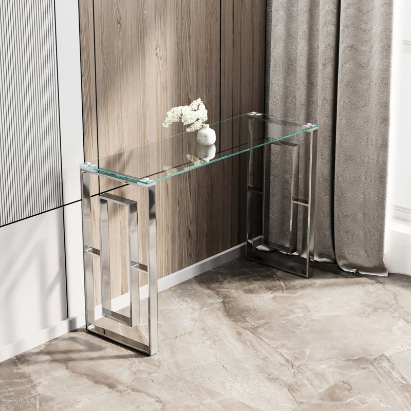 Console en acier inoxydable avec pieds en verre transparent