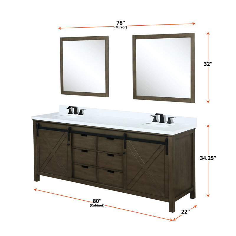 80 po L x P 22 po Meuble-lavabo brun rustique avec comptoir en marbre de culture, robinet et 30 miroirs, Brun rustique