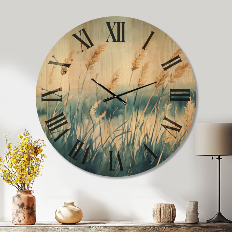 Horloge murale décorative « Roseaux côtiers balayés par le vent - Herbes de la pampa », imprimée sur bois, Très grand