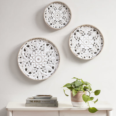 Ensemble de 3 décorations murales en bois patiné blanc vieilli, 13,75 po, 11,75 po, 9,75 po