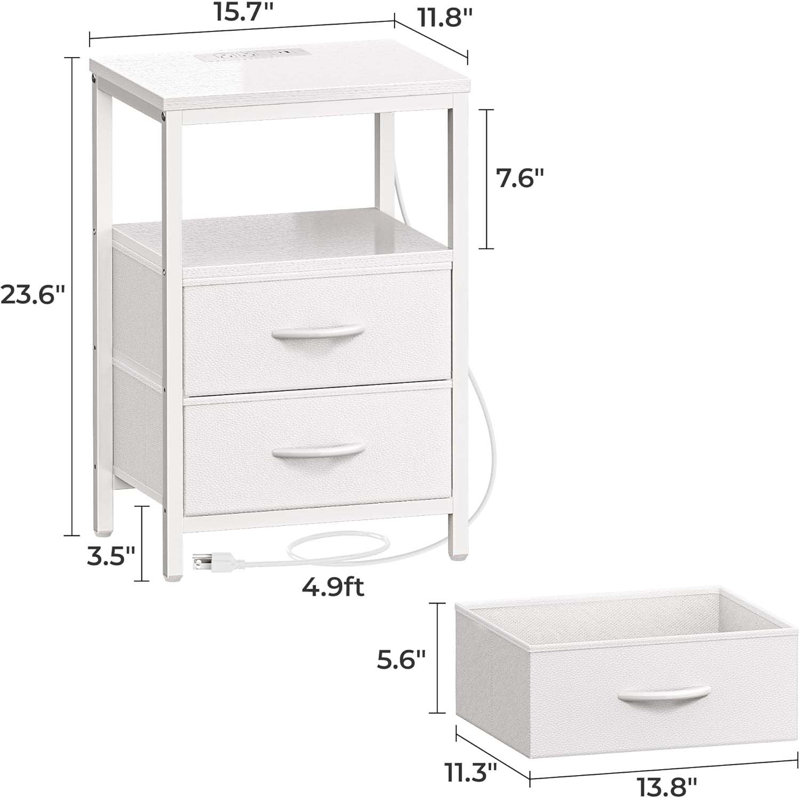 Nightstand With Charging Station, Side Table With Fabric Drawers, End Table With Open Shelf, Bedside Table With USB Ports And Outlets, Night Stand For Bedroom, White