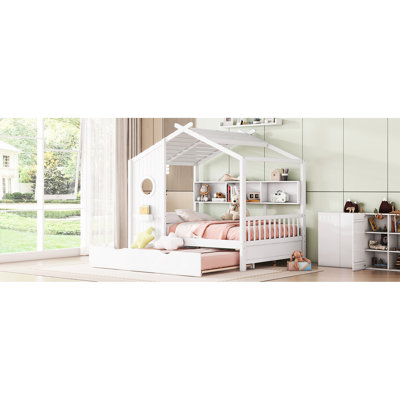 Lit double en bois blanc avec lit gigogne, tablette de rangement pour concept de maisonnette fantaisiste, meilleur sommeil, salle de repos de l 78 po x l 72 po, jeu imaginatif, environnement paisible