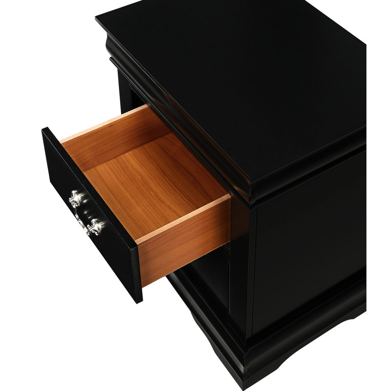 Table de chevet noire en bois massif avec moulures supérieure et inférieure moulées - tiroir moderne lisse à deux tiroirs