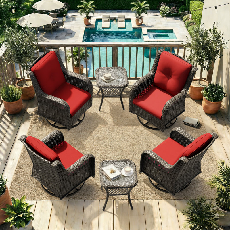 Ensemble de 6 chaises berçantes pivotantes en osier avec coussins rouges et tables basses, Rouge
