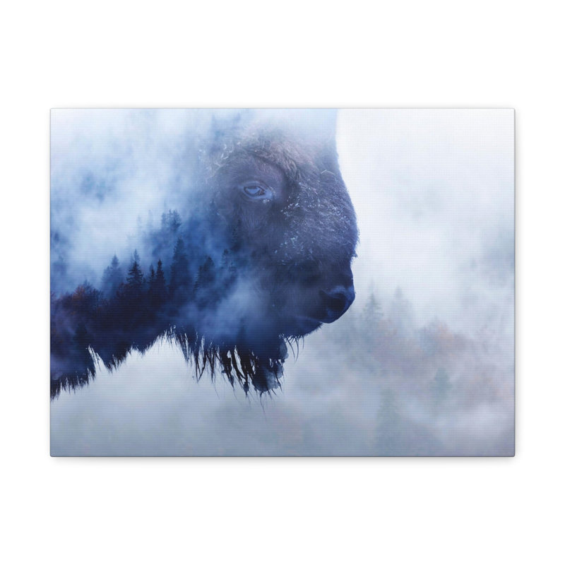 Art sur toile, bison sauvage et pinède, H 16 po x l 20 po