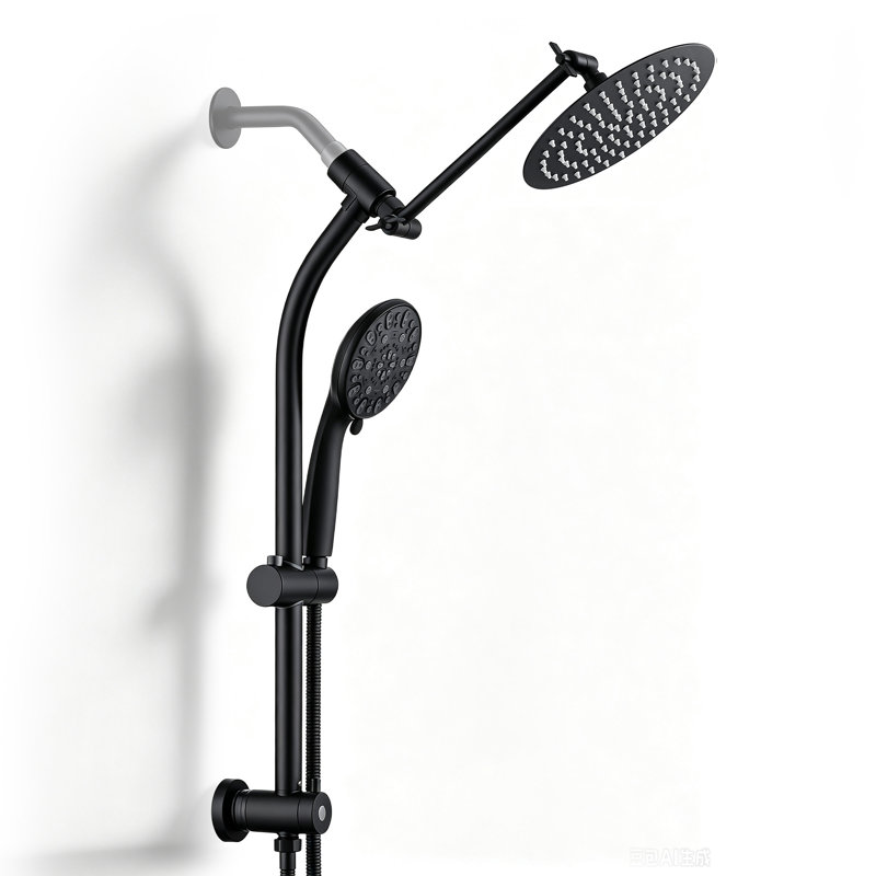 Pomme de douche à pluie ronde 8 pouces, douchette à main haute pression avec barre coulissante sans perçage, bras d'extension réglable, inverseur à 3 voies et boyau de 5 pieds, noir mat, valve non incluse