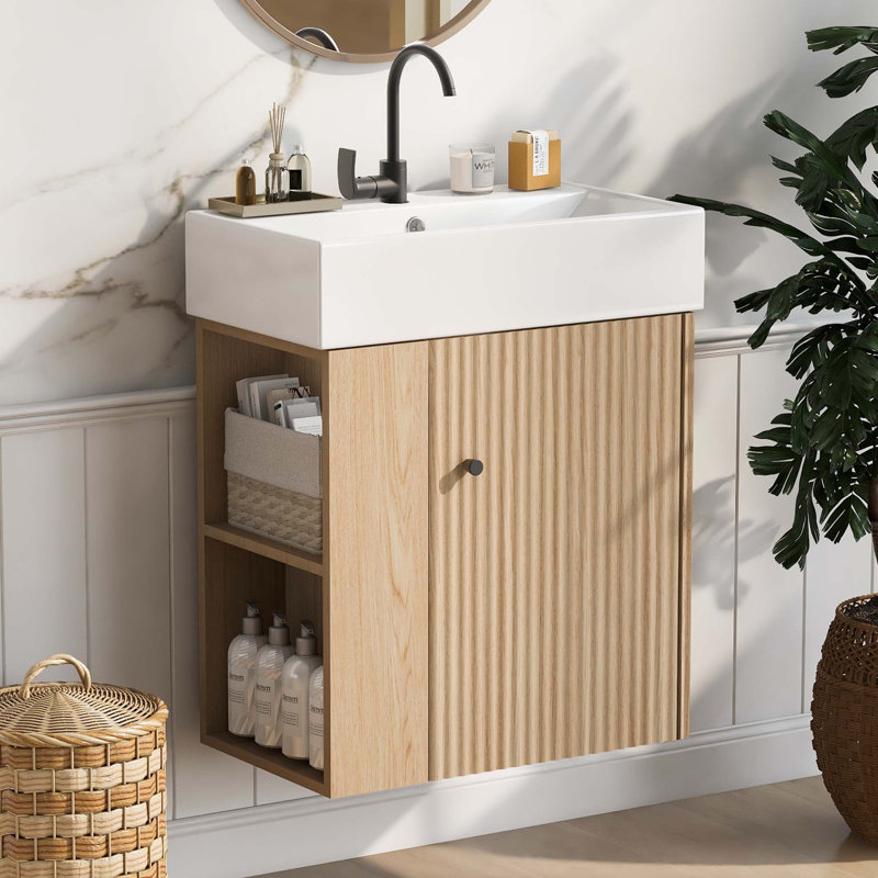 21.6" Modern Floating Bathroom Vanity With Ceramic Basin - Perfect For Small Bathrooms, Left Side Storage, Wood
