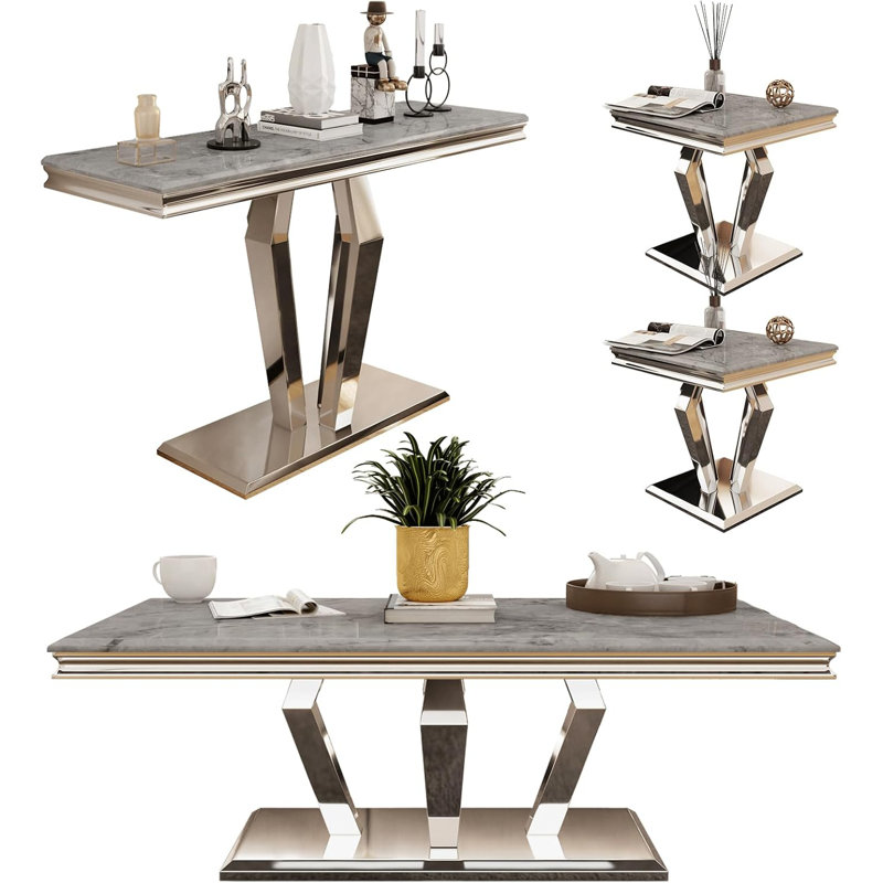 Ensemble de 4 tables de salon noires et dorées 4 pièces, Argent argent, Gris