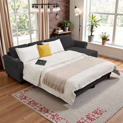 UNARAVU 106.5" Pull-Out Sofa Bed L-Shaped Sectional With Charging, Storage & Memory Foam Mattress