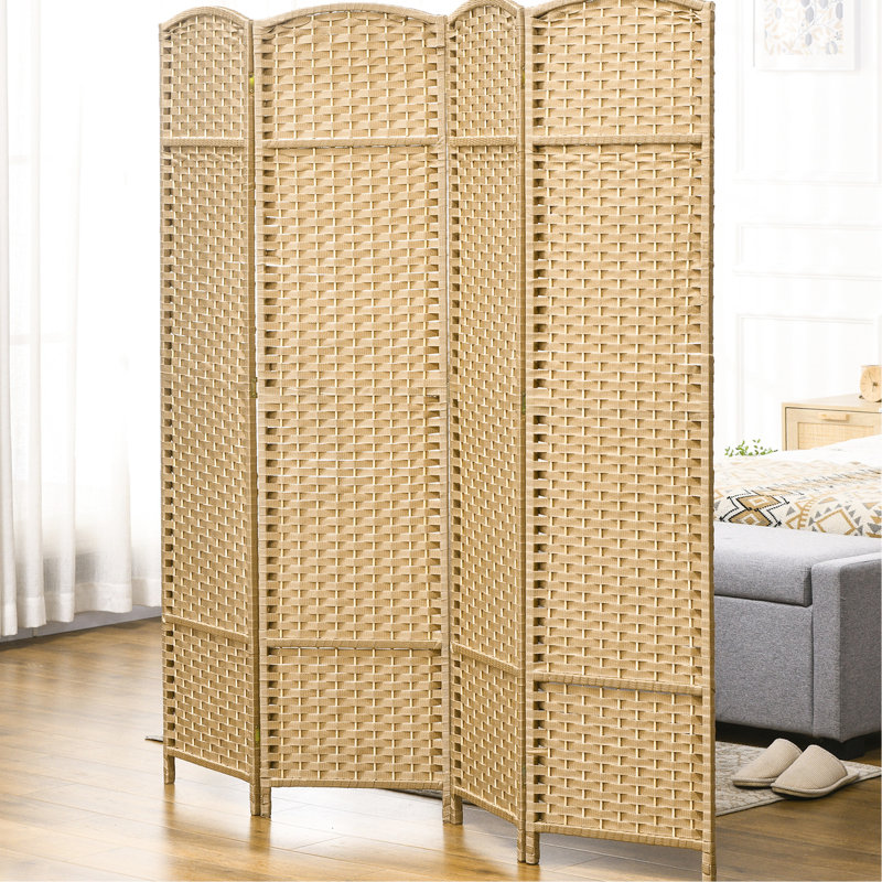 Paravent de chambre à coucher à 4 panneaux, hauteur de 1,70 m. Design tissé à la main avec une touche de bois naturel. Cloison polyvalente. Cadre et sangles en polypropylène. Léger et pliable. Aucun assemblage requis.