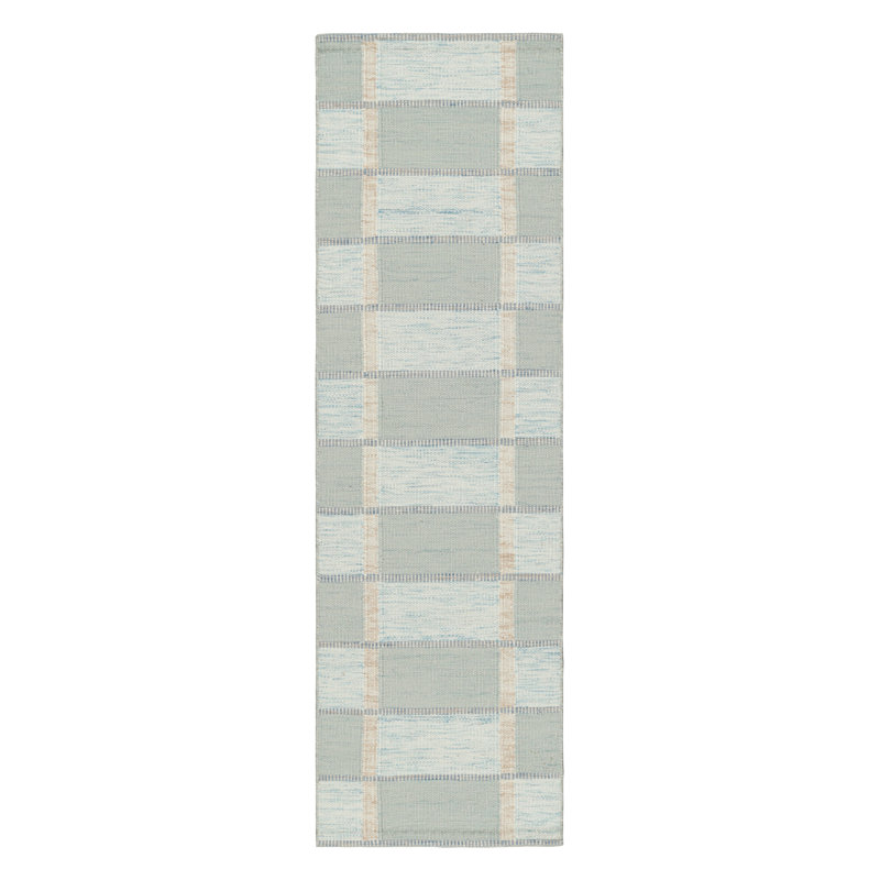Rug & Kilim’S Scandinavian Style Runner Rug With Seafoam Blue Geometric Patterns, Rectangle 5' x 7'
