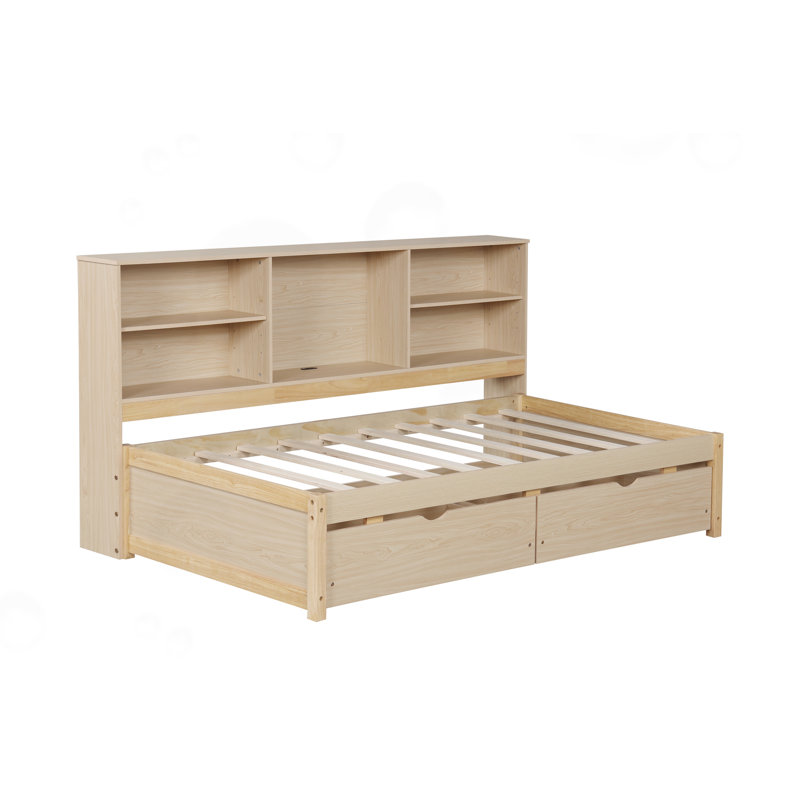 Twin Bed with USB Port and Side Bookshelves & 2 Underbed Drawers, Natural
