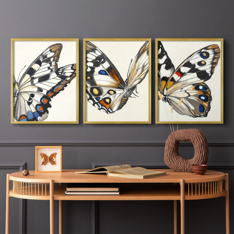 Papillons, série CXII - lot de 3 estampes numériques - prêt à être accroché, Cadre doré, H 20 po x l 16 po