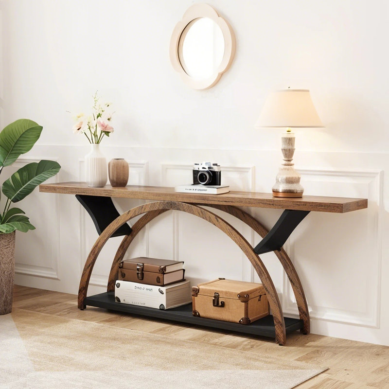 2-Tier Console Table, 70.86" Entryway Table with Half Moon Frame, Brown