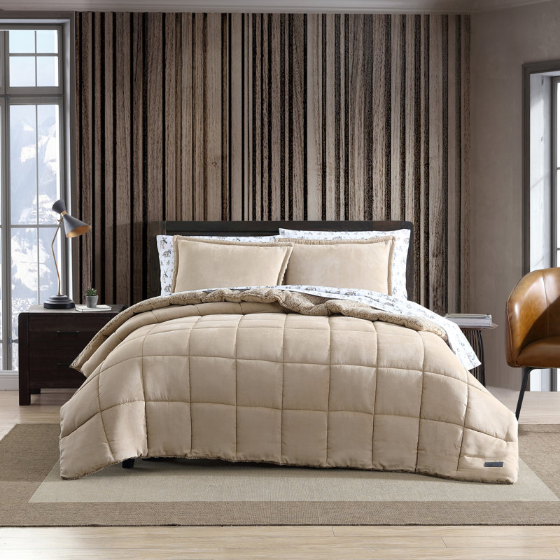 Ensemble d'édredon réversible en microsuède Eddie Bauer, Édredon simple + 1 Taie décorative, Beige