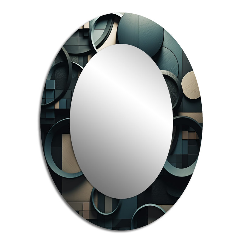 Teal Fragmented Forms - Abstract Oval Decorative Mirror On Metal, 40" x 30"