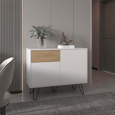 White and Natural Oak Sideboard with Hairpin Legs by George Oliver