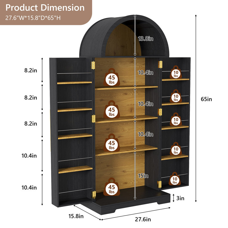 Garde-manger 65 po avec porte de garde-manger classifiée, armoire de rangement arquée avec rangement, Noir mat