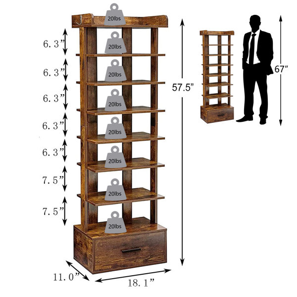 Large 6-Tier Vertical Shoe Rack, Wooden Shoe Racks with Bottom Drawer and  Side Hooks, Tall Shoe Rack Organizer Double Shoes Storage Stand, Shoe Tower  for Entryway, Hallway, Rustic Brown 