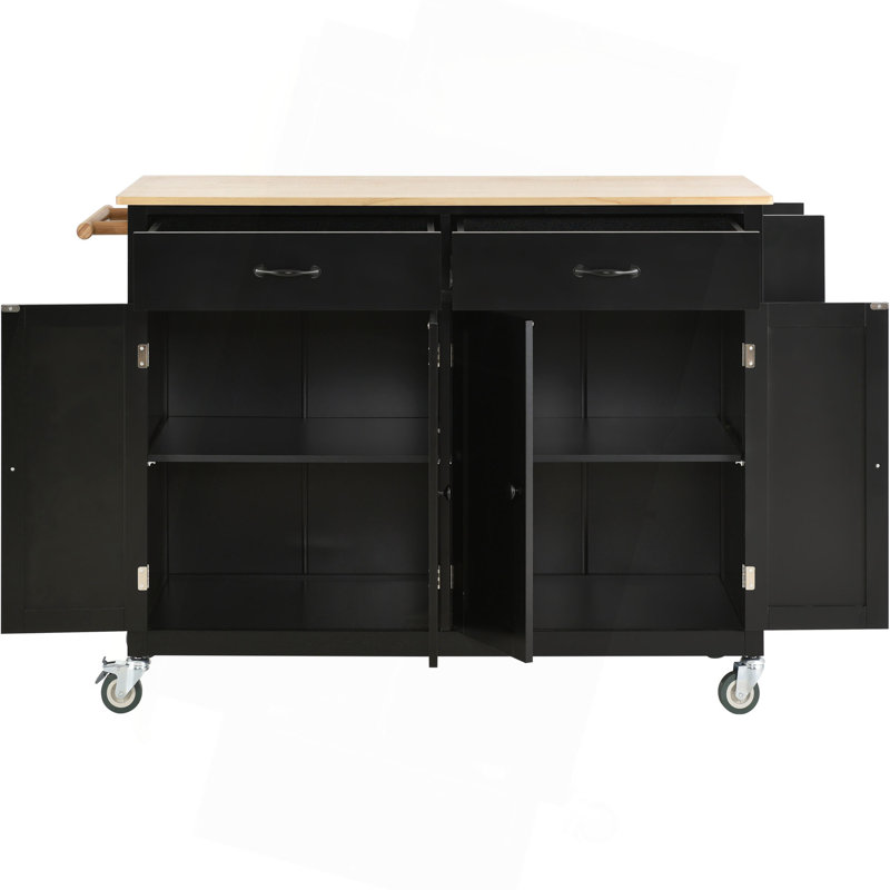 Chariot pour îlot de cuisine avec plateau en bois massif et roues verrouillables, largeur de 54,3 pouces, armoire à 4 portes et deux tiroirs, support à épices, porte-serviettes
