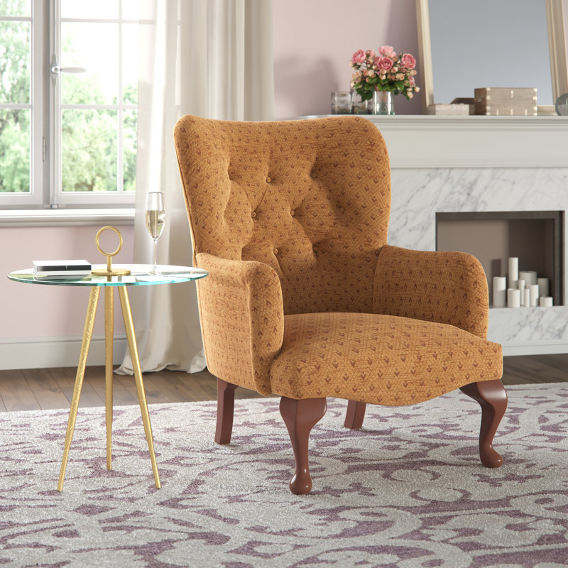 Loretta Upholstered Wingback Chair, Morello Saffron Pattern, Light Oak