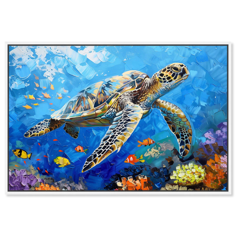 Colorful Coastal Turtle Swimming Canvas Wall Art with White Frame