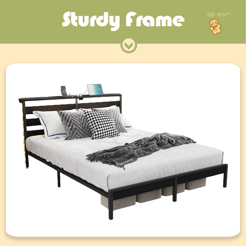 Structure de lit plateforme pleine grandeur en métal avec tête et pied de lit en bois avec doublure USB, lumières DEL, aucun sommier requis, rangement sous le lit, assemblage facile
