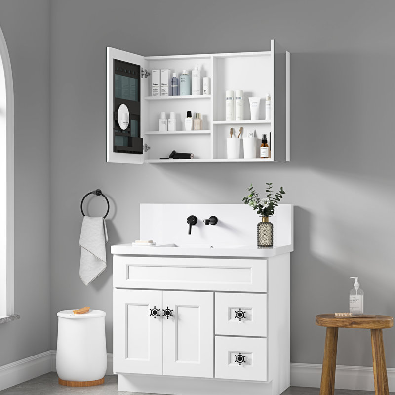 Armoire à miroir de salle de bain l 36 po x H 26 po, conception biseautée, espace de rangement spacieux, réflexion, charnière de porte, bois d'ingénierie, pharmacie blanche de 36 po et 26 po