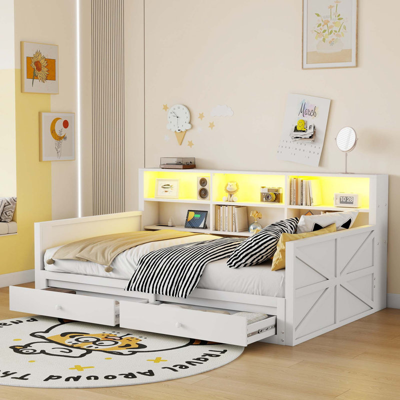 Lit de jour extensible et polyvalent avec solutions de rangement et de chargement intelligentes, Blanc