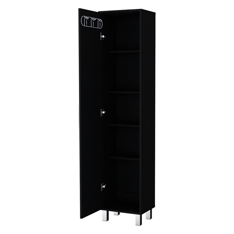 Armoire de salle de bain 1 porte noire - 3 crochets de balai, maximise l'espace de rangement