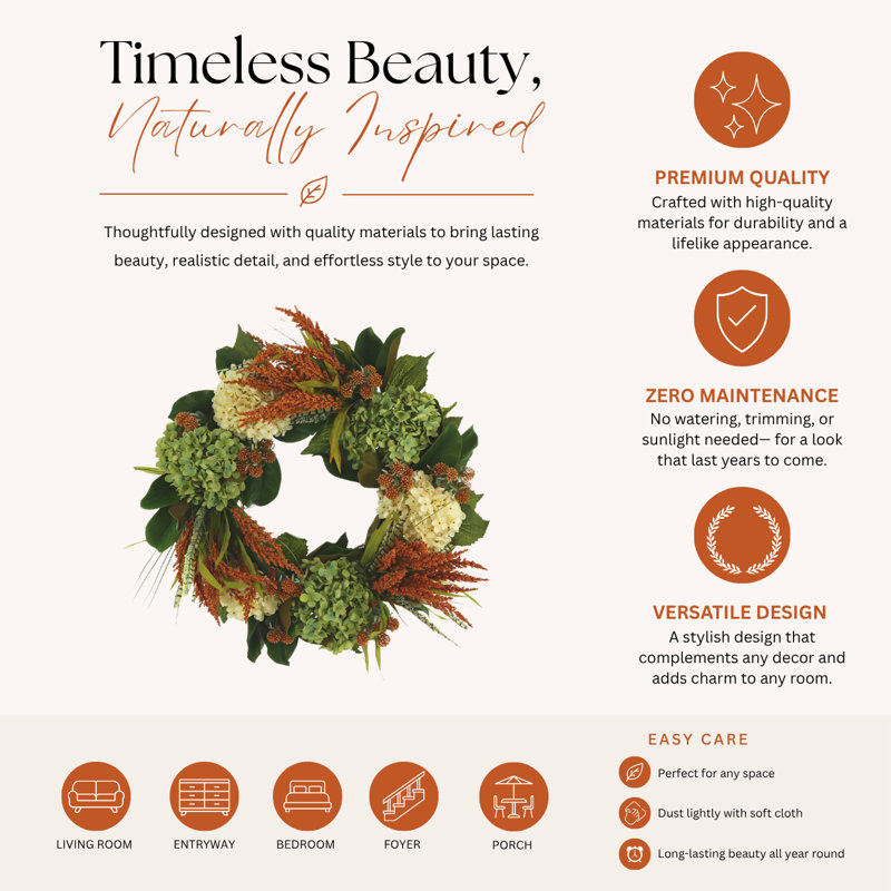24" Fall Wreath with Hydrangeas and Heather