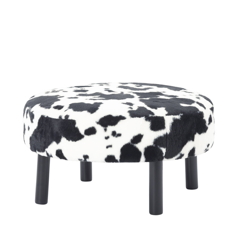 Repose-pieds rond 27,56 po en fausse fourrure de lapin noir et blanc, repose-pieds à base d'hévéa et siège supplémentaire