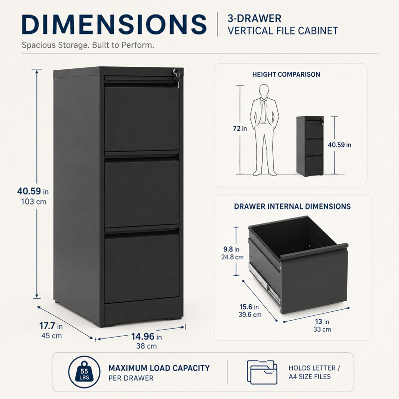 Black 3-Drawer Vertical Metal File Cabinet with Lock, Full Extension Drawers for Letter Legal A4 Files, Black
