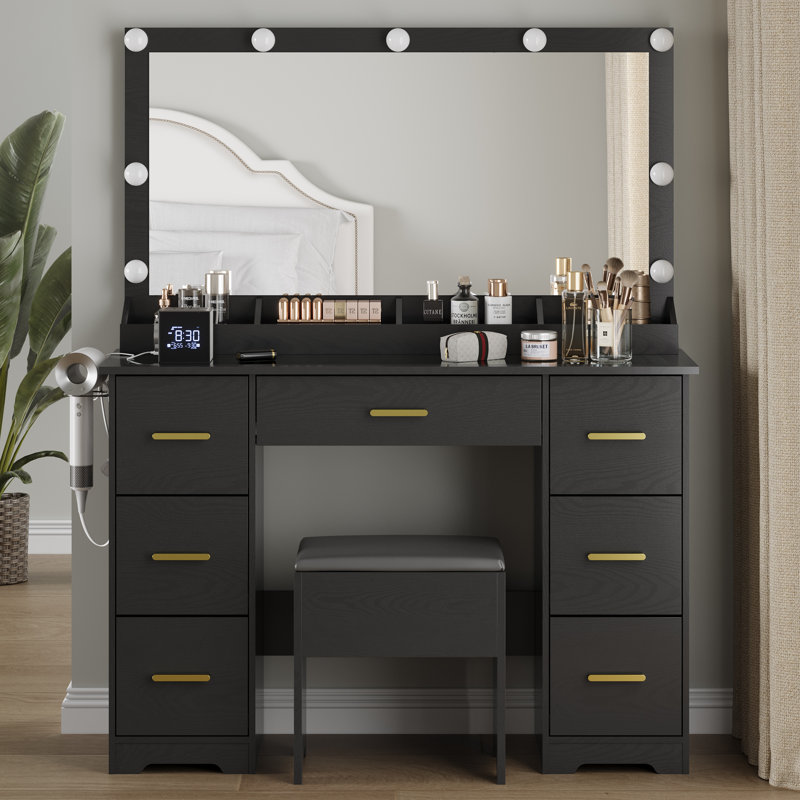 Vanity Desk with Rectangle Mirror and Lights, Vanity Table with Charging Station, Black
