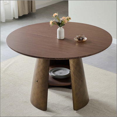 Round Dining Table, Retro Style, Brushed Texture, Suitable For 4-6 People, MDF Tabletop, Metal Frame