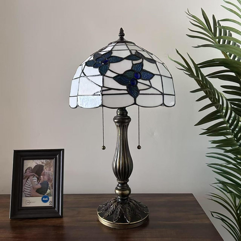 Tiffany Table Lamp White Stained Glass Blue Flowers LED Bulbs  Included 12"W*12"D*22"H
