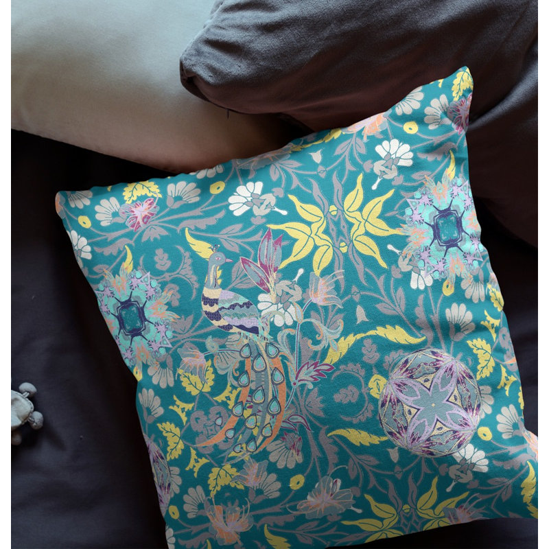 Coussin 18 po x 18 po à motif floral bleu et turquoise, Vert/jaune